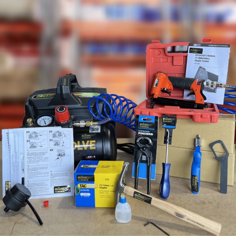 Upholstery kit with compressor stapler and accessories for semi-professional use.