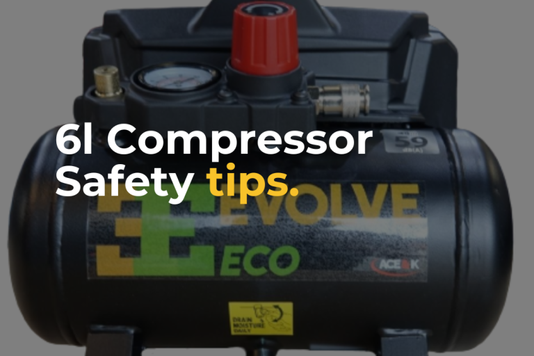 Small, portable, 6 litre compressor zoomed in with the title 6l compressor safety tips written over in MTK branding