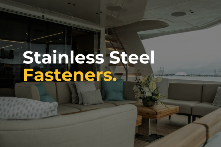 Luxury yacht seating area with modern furnishings, promoting stainless steel fasteners for marine environments with MTK blog branding