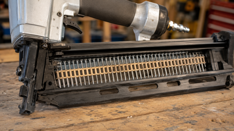 Correctly loaded collated nails inside a nail gun magazine